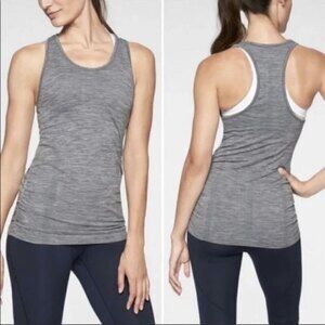 Athleta Ruched Heather Gray Fastest Track Racerback Workout Tank Top Sz Medium